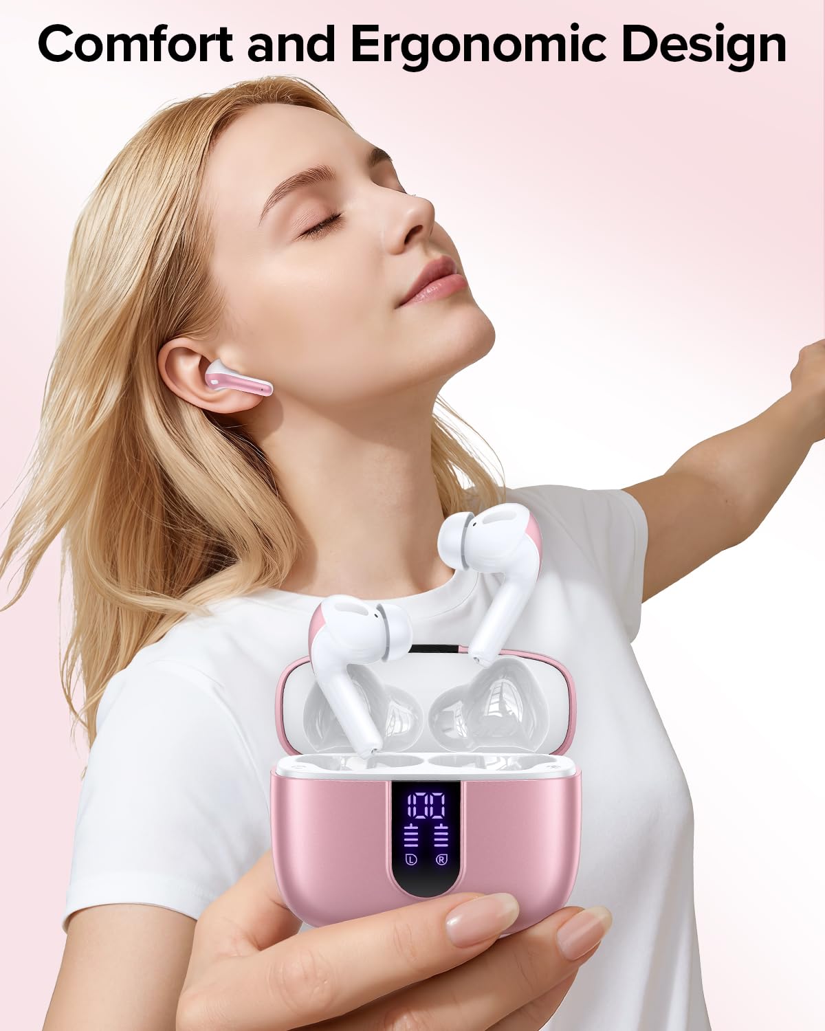 TAGRY Bluetooth Headphones True Wireless Earbuds 60H Playback LED Power Display Earphones with Wireless Charging Case IPX5 Waterproof in-Ear Ear buds with Mic for TV Smart Phone Laptop Computer Sports