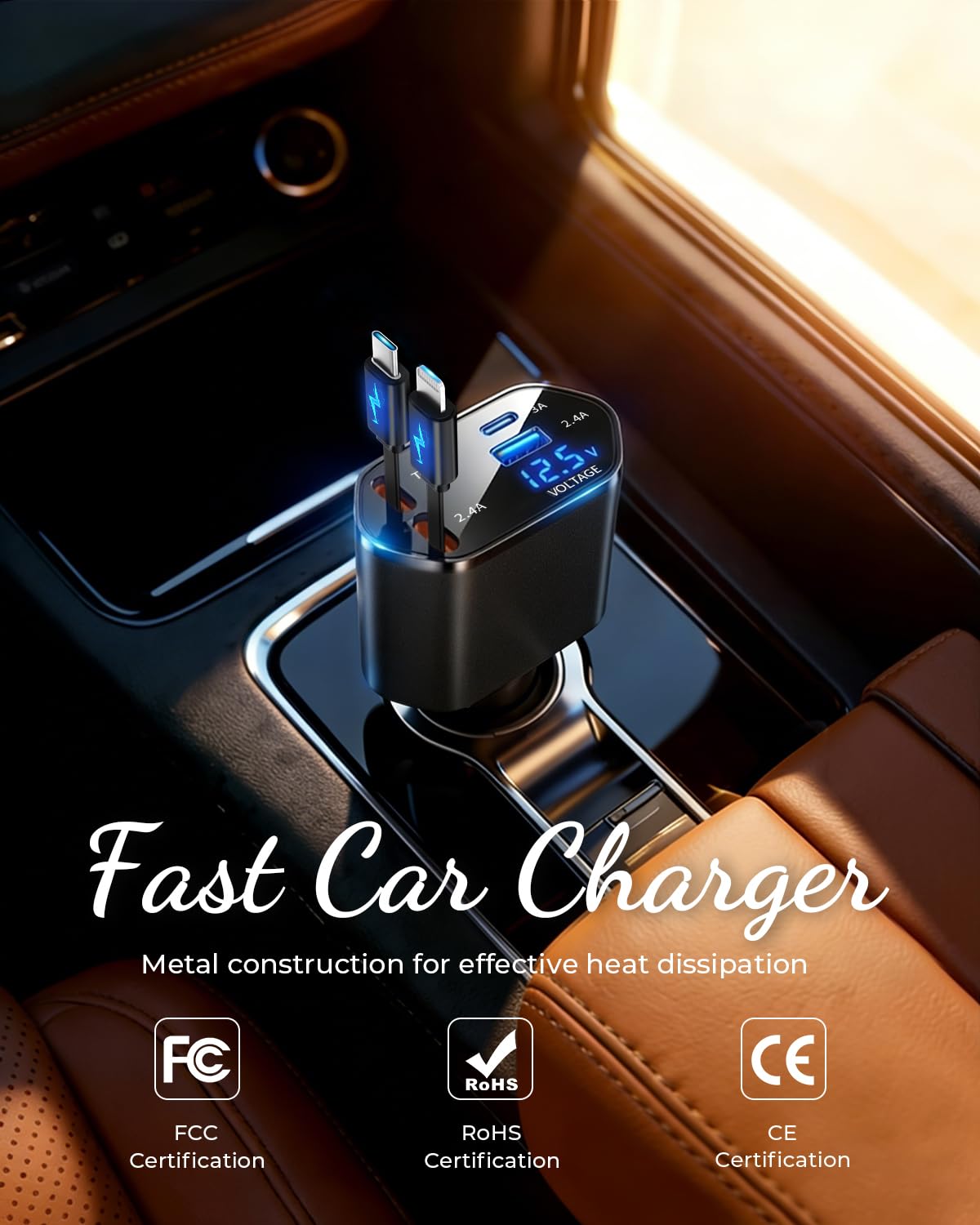 Retractable Car Charger,4 in 1 Fast Charging Car Charger with USB-C & USB-A