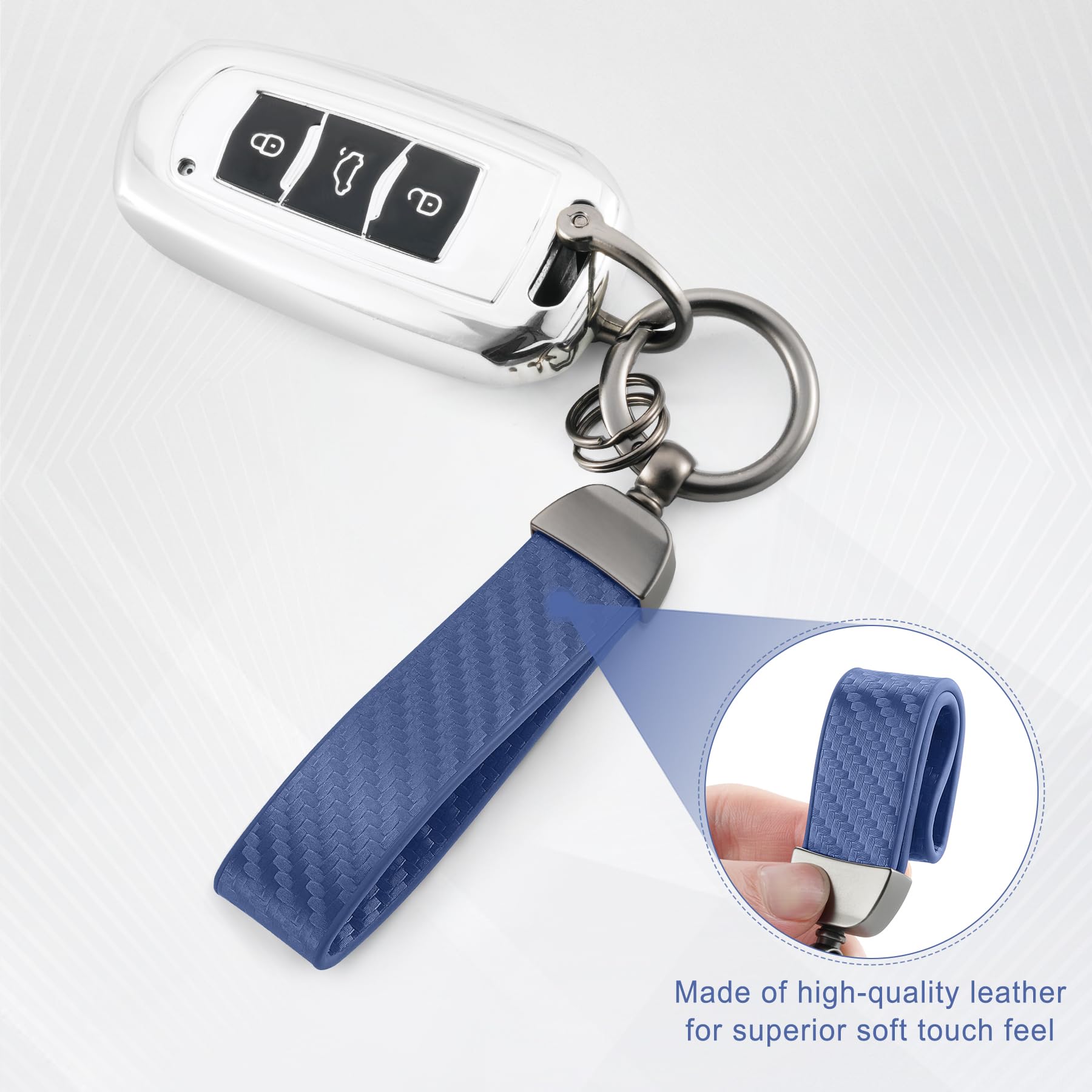 JUSTTOP Leather Wristlet Keychain, Carbon Fiber Car Key Chain with Anti-Lost D-Ring and 2 Key Rings, Compatible with Most Car Keys, Car Accessories, A Great Gift for Men and Women (Black)
