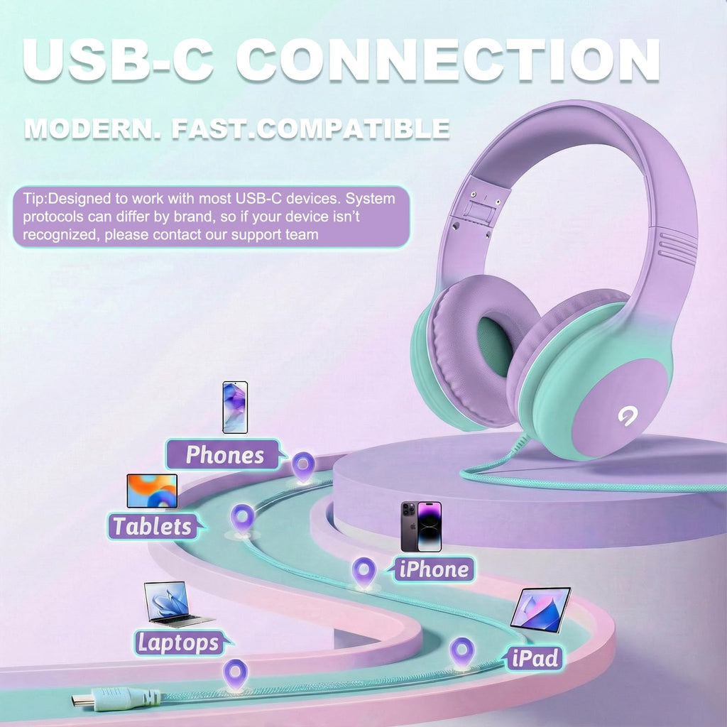 ADOOPE Wired Kids Headphones with USB C Plug, 85dB Safe Volume, Adjustable Headband, Tangle-Free Cord Headphones for School, Tablet, Travel (Light Purple & Pink, Without Microphone)