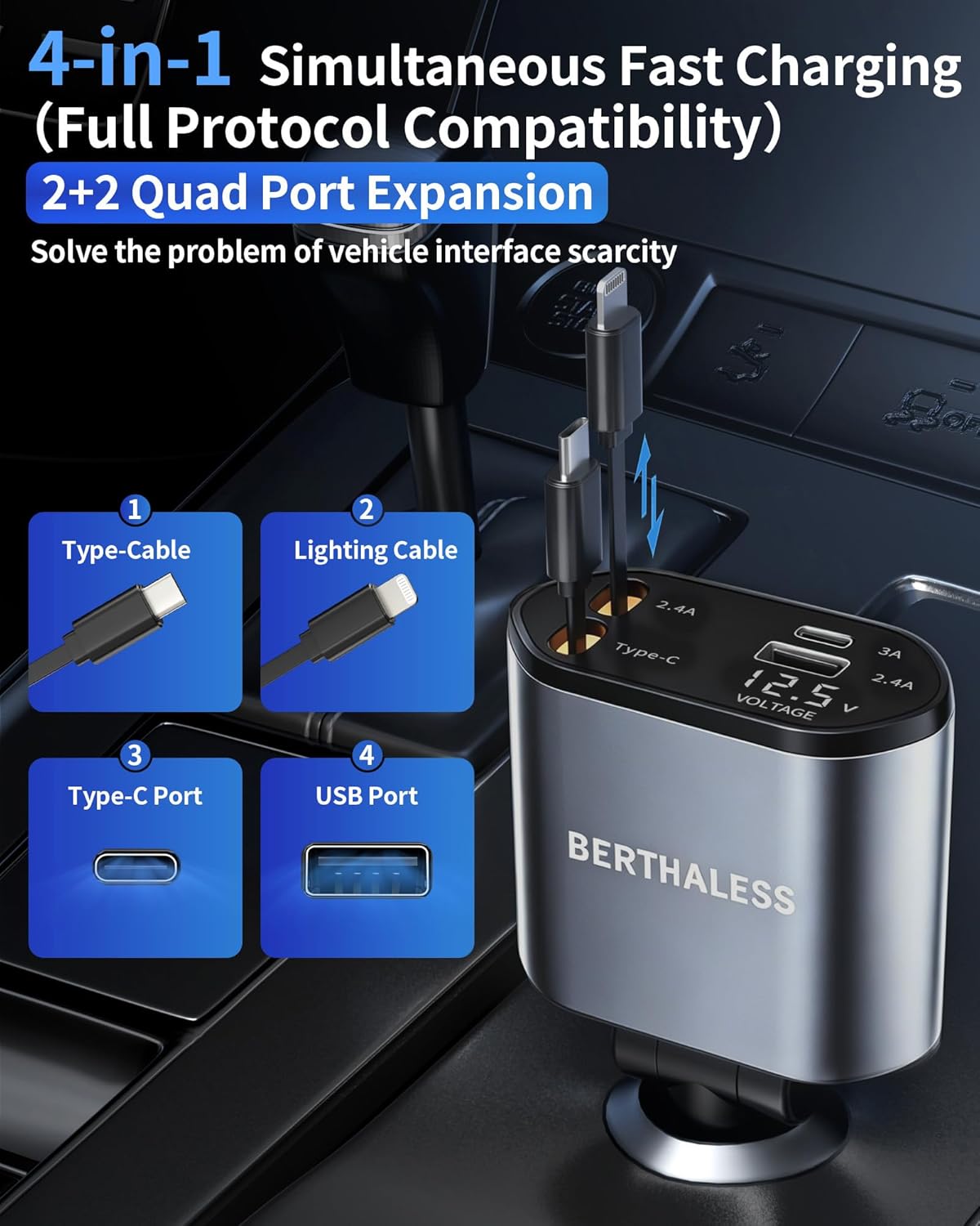 Retractable Car Charger,4 in 1 Fast Charging Car Charger with USB-C & USB-A