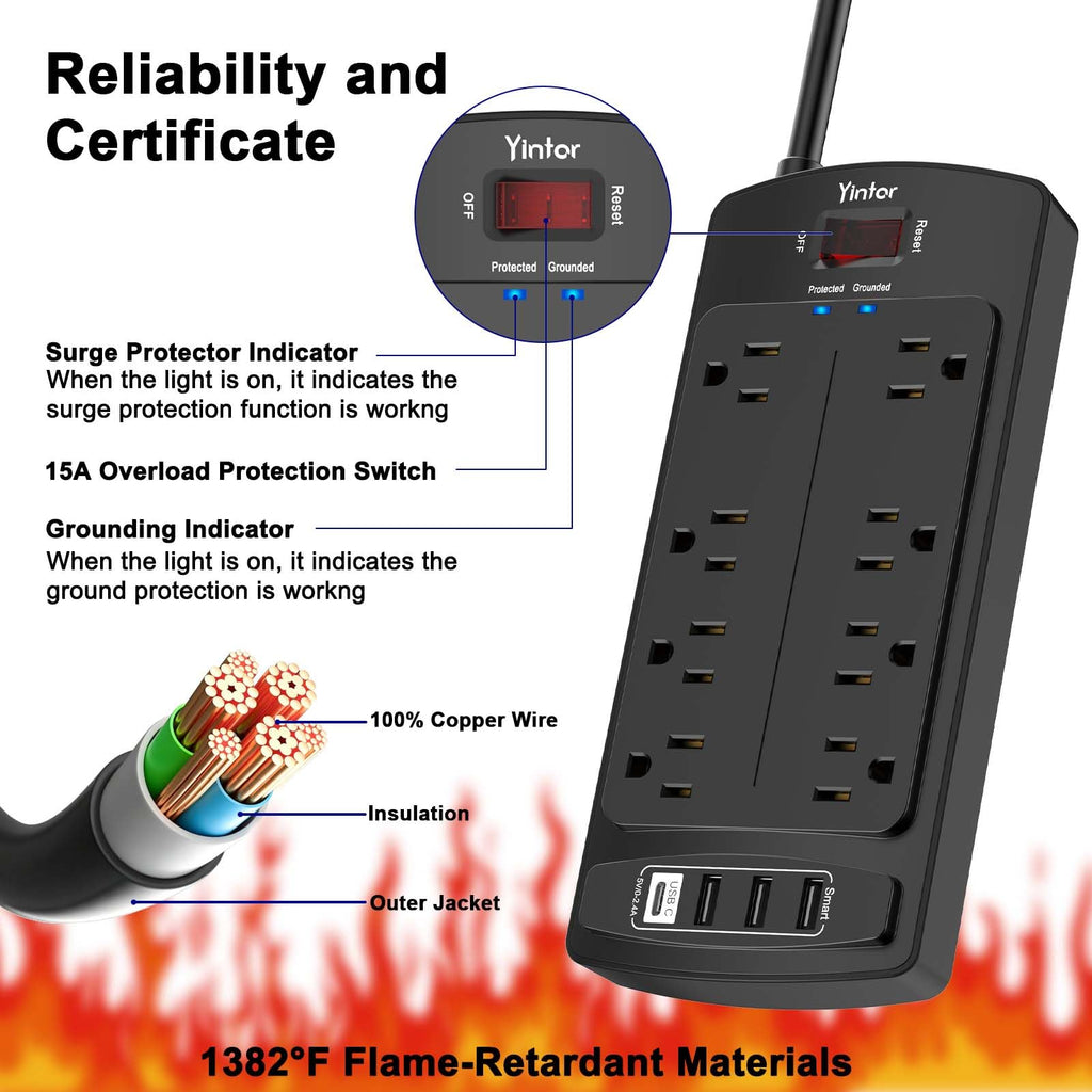 Yintar 6Ft Surge Protector Power Strip with 6 Outlets & 3 USB Ports, Black