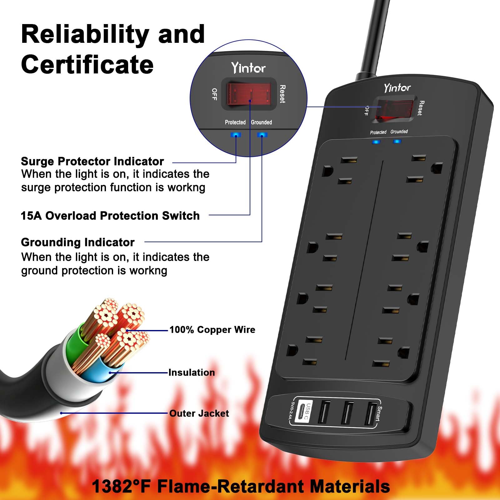 Yintar 6Ft Surge Protector Power Strip with 6 Outlets & 3 USB Ports, Black