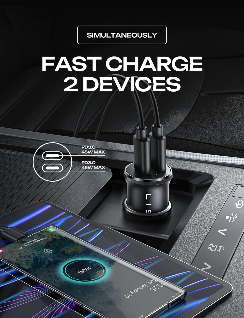 LISEN 90W Car Charger USB C Fast Charge,USB C Car Charger for iPhone 17 Pro
