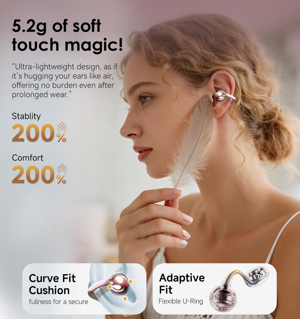 King Lucky Clip-On Earbuds Gen 3, Open-Ear Wireless Bluetooth 6.0 Headphones with Mic, Secure Fit for Small Ears & Glasses Wearers, 50H Playtime, LED Digital Display, ENC, IPX5 Waterproof (Purple)