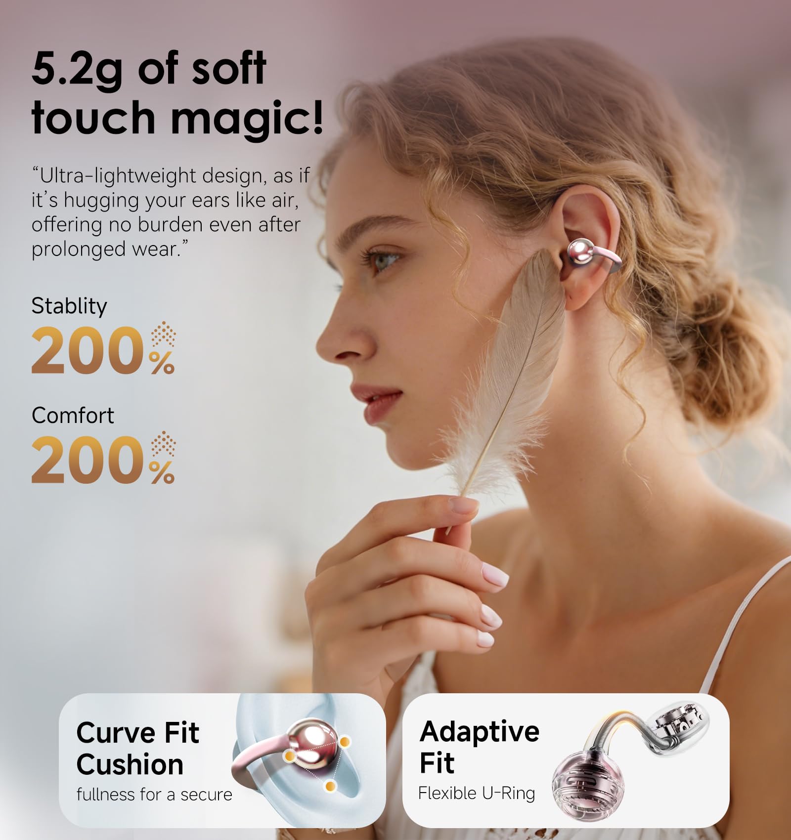 King Lucky Clip-On Earbuds Gen 3, Open-Ear Wireless Bluetooth 6.0 Headphones with Mic, Secure Fit for Small Ears & Glasses Wearers, 50H Playtime, LED Digital Display, ENC, IPX5 Waterproof (Purple)