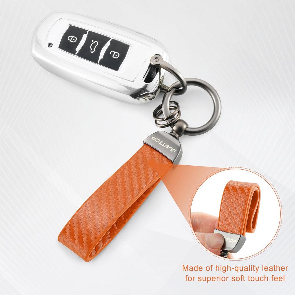 JUSTTOP Leather Wristlet Keychain, Carbon Fiber Car Key Chain with Anti-Lost D-Ring and 2 Key Rings, Compatible with Most Car Keys, Car Accessories, A Great Gift for Men and Women (Black)