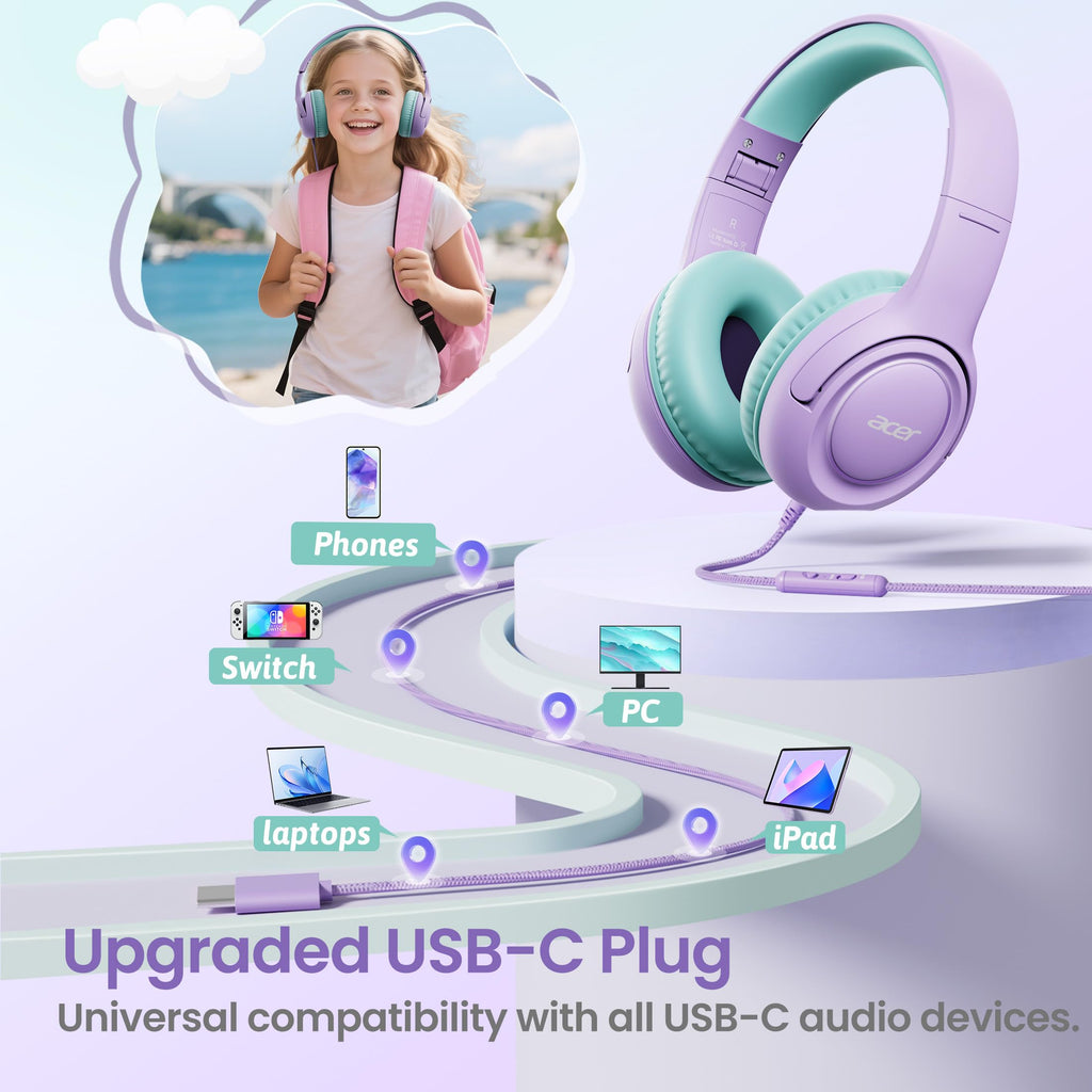 Acer Kids Headphones for School, 85-94dB Limiter, 3.5mm Jack, w/Mic HK03