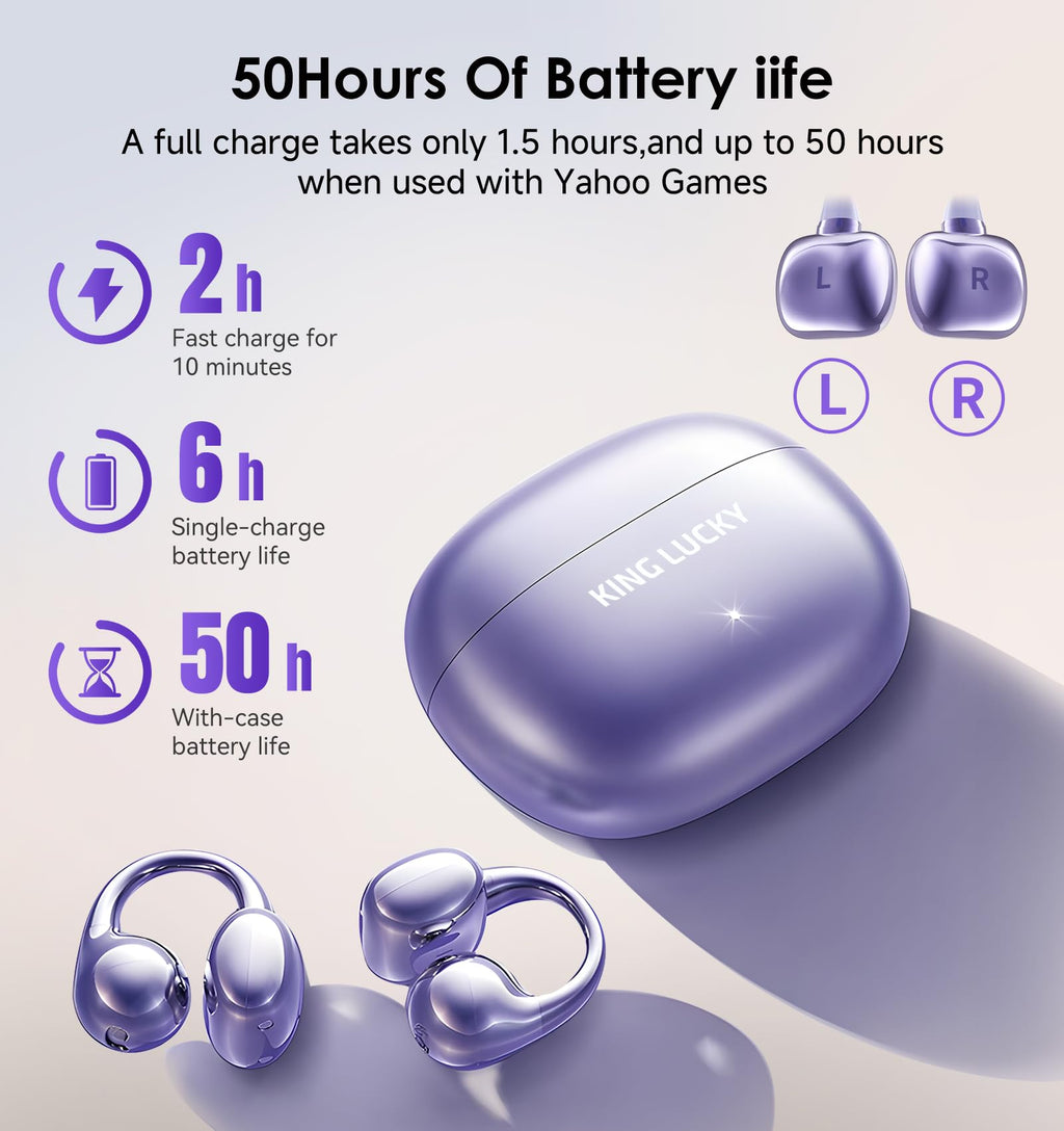 King Lucky Clip-On Earbuds Gen 3, Open-Ear Wireless Bluetooth 6.0 Headphones with Mic, Secure Fit for Small Ears & Glasses Wearers, 50H Playtime, LED Digital Display, ENC, IPX5 Waterproof (Purple)