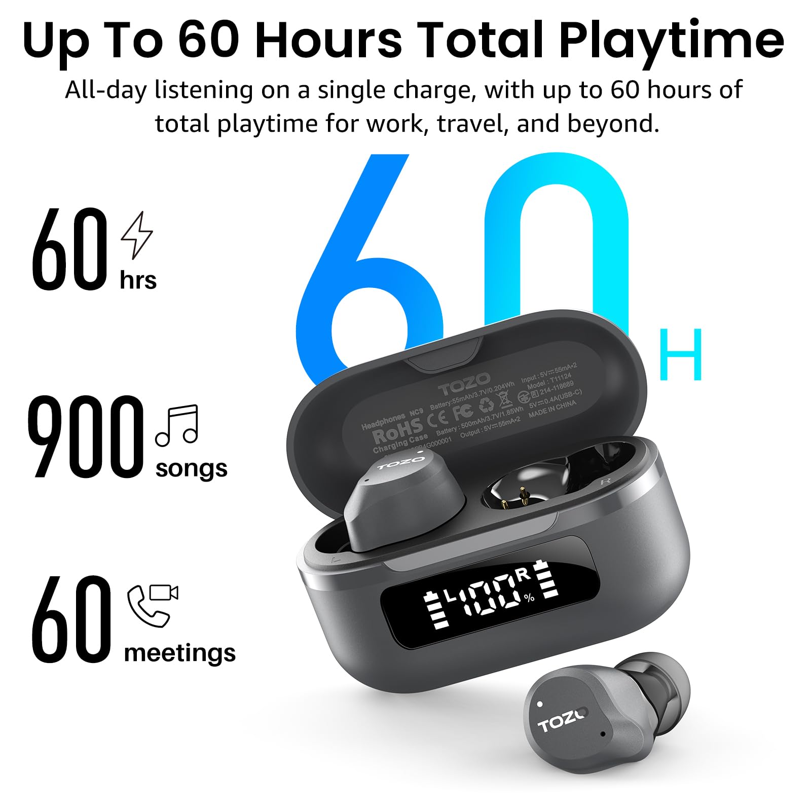 TOZO NC9 Hybrid Active Noise Cancelling Wireless Earbuds, 60H, LED Display