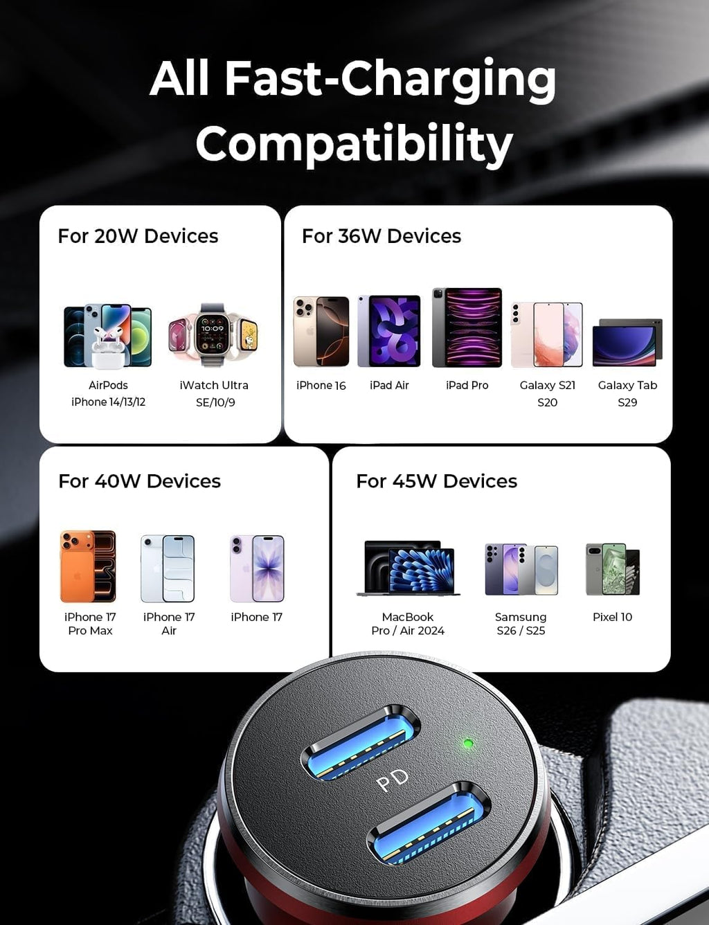 LISEN 90W Car Charger USB C Fast Charge,USB C Car Charger for iPhone 17 Pro