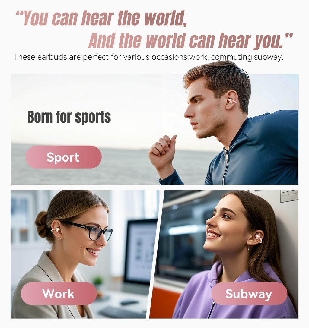 King Lucky Clip-On Earbuds Gen 3, Open-Ear Wireless Bluetooth 6.0 Headphones with Mic, Secure Fit for Small Ears & Glasses Wearers, 50H Playtime, LED Digital Display, ENC, IPX5 Waterproof (Purple)