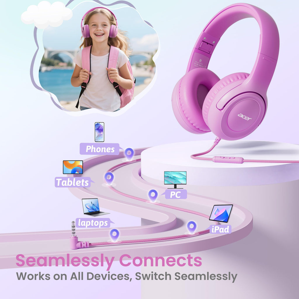 Acer Kids Headphones for School, 85-94dB Limiter, 3.5mm Jack, w/Mic HK03