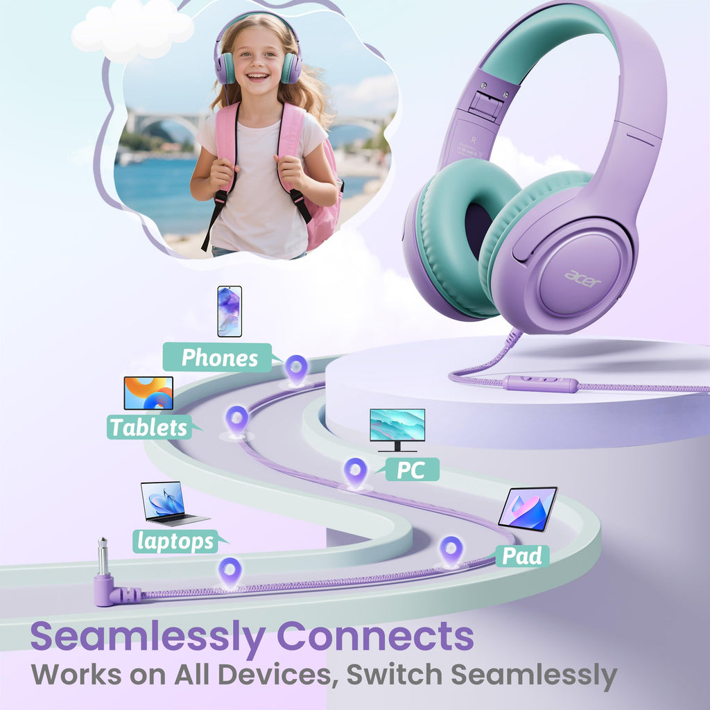 Acer Kids Headphones for School, 85-94dB Limiter, 3.5mm Jack, w/Mic HK03