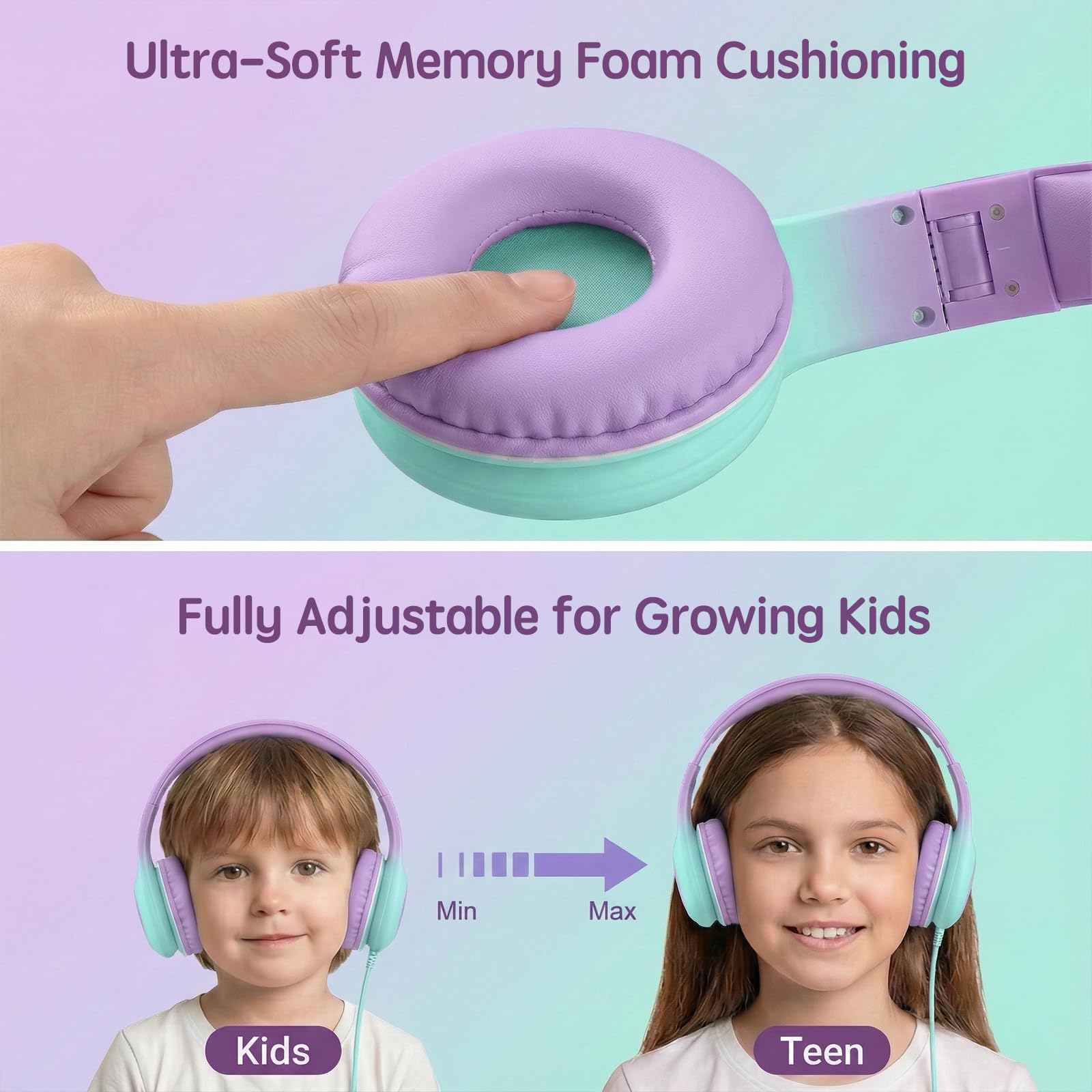 ADOOPE Wired Kids Headphones with USB C Plug, 85dB Safe Volume, Adjustable Headband, Tangle-Free Cord Headphones for School, Tablet, Travel (Light Purple & Pink, Without Microphone)