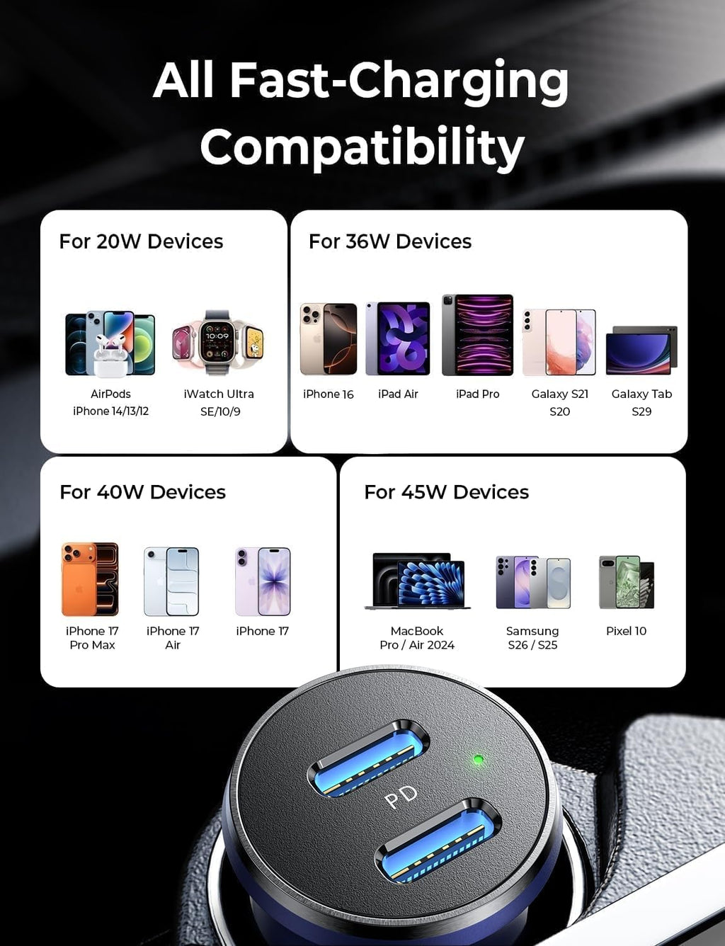 LISEN 90W Car Charger USB C Fast Charge,USB C Car Charger for iPhone 17 Pro