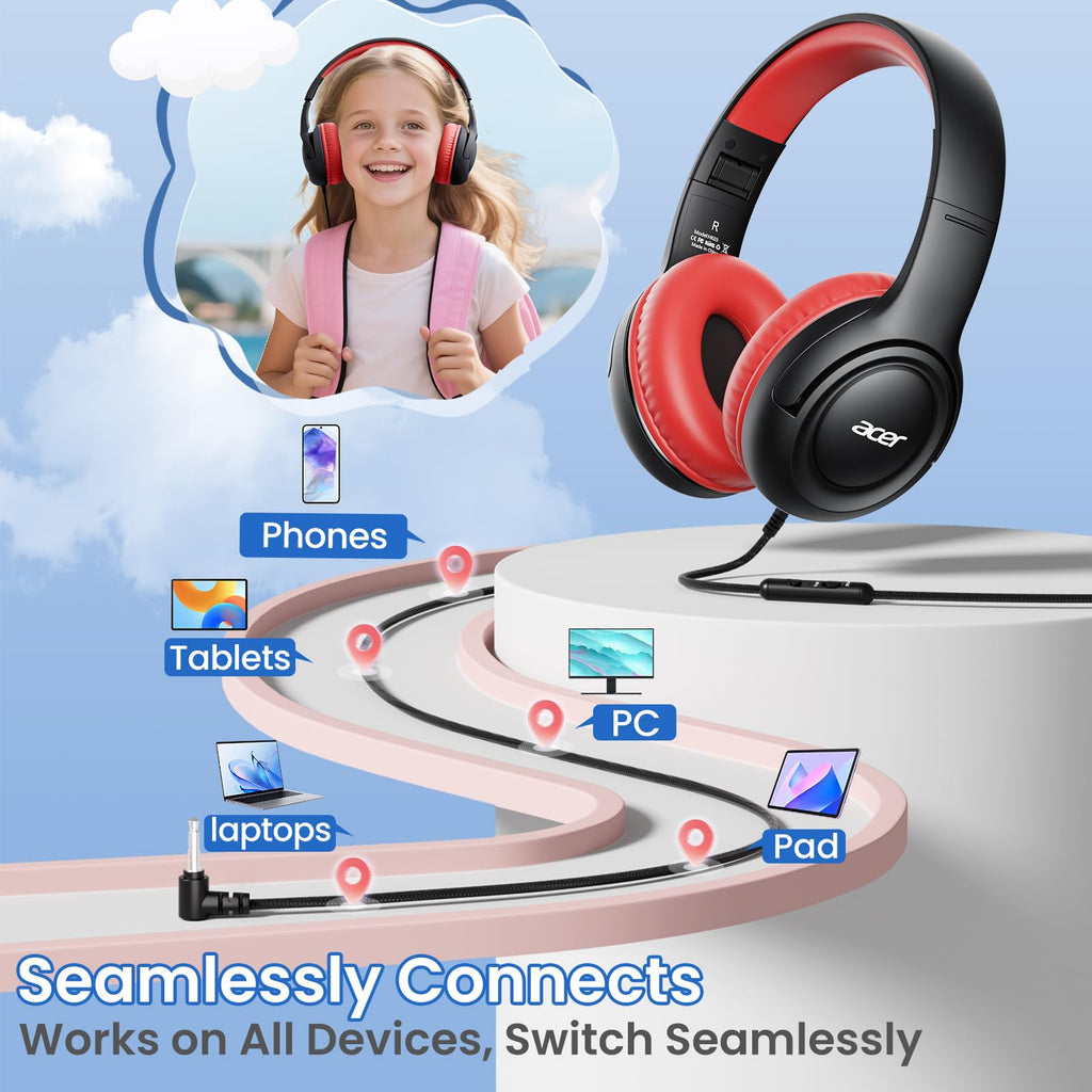 Acer Kids Headphones for School, 85-94dB Limiter, 3.5mm Jack, w/Mic HK03