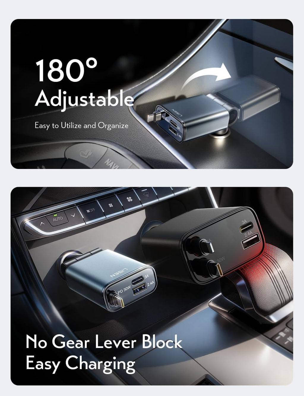 LISEN 72W Retractable Car Charger Ultra-Compact USBC Fast Car Charger