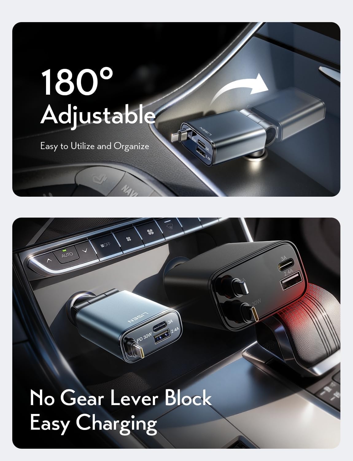 LISEN 72W Retractable Car Charger Ultra-Compact USBC Fast Car Charger