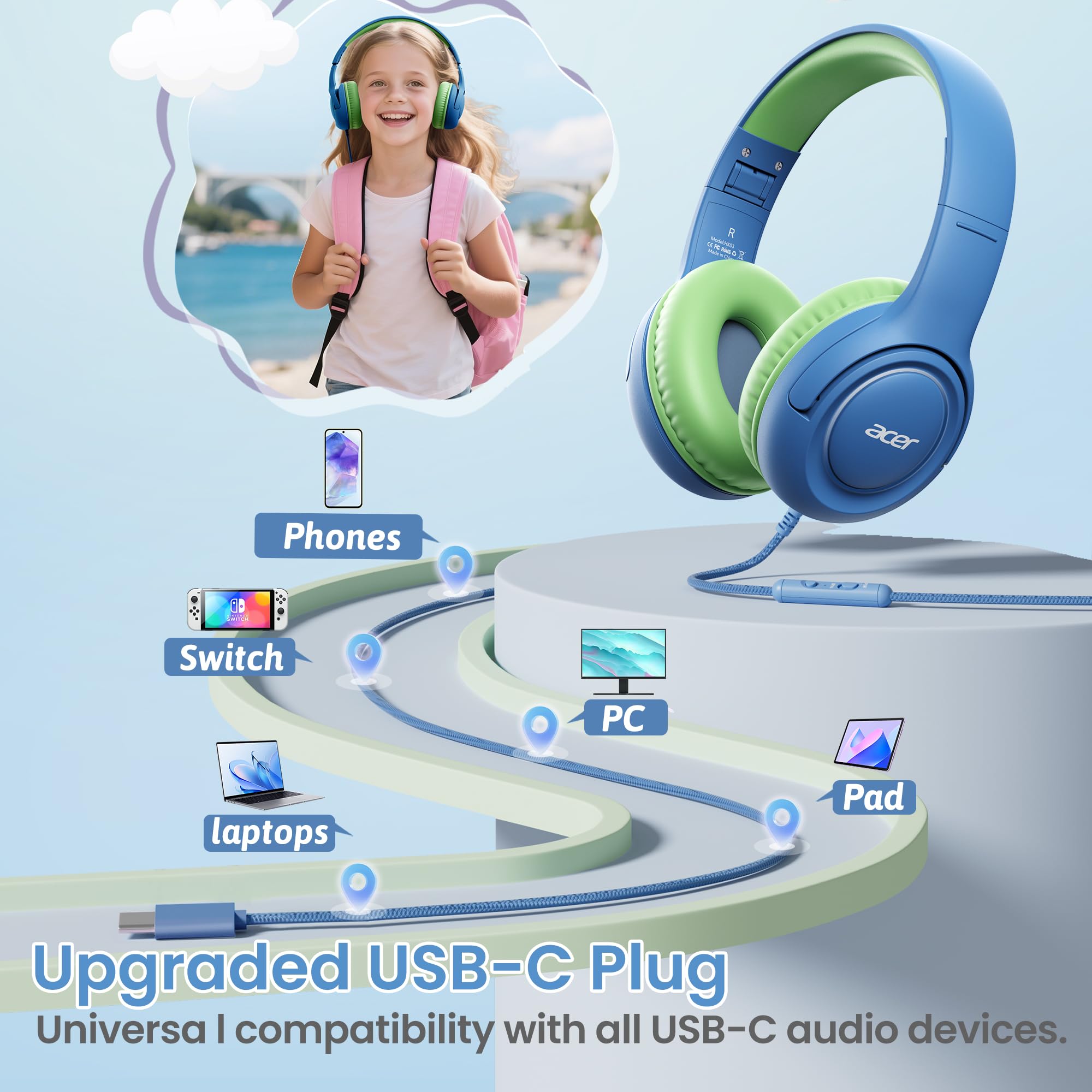 Acer Kids Headphones for School, 85-94dB Limiter, 3.5mm Jack, w/Mic HK03