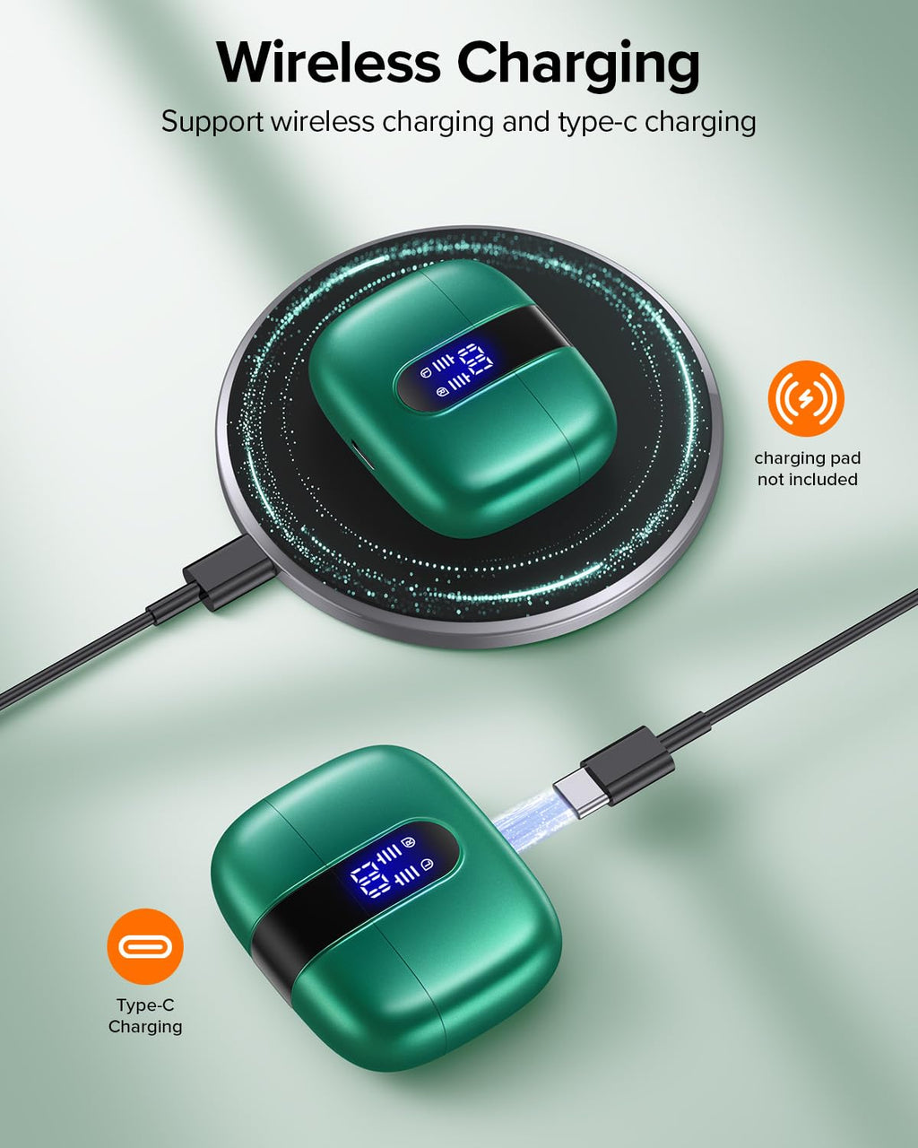 TAGRY Bluetooth Headphones True Wireless Earbuds 60H Playback LED Power Display Earphones with Wireless Charging Case IPX5 Waterproof in-Ear Ear buds with Mic for TV Smart Phone Laptop Computer Sports