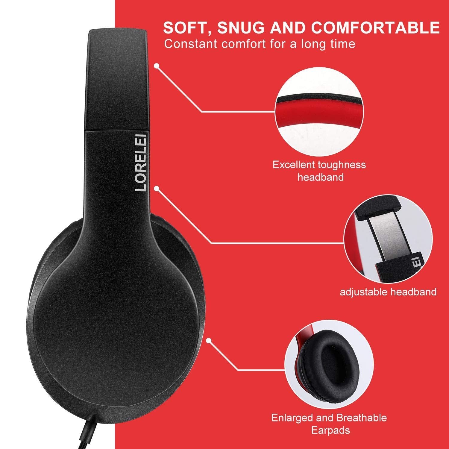 LORELEI X6 Over-Ear Wired Stereo Bass Headphones with Microphone, Lightweight, Foldable & Portable with 1.45M No-Tangle for Smartphone, Tablet, MP3/4, Space Black