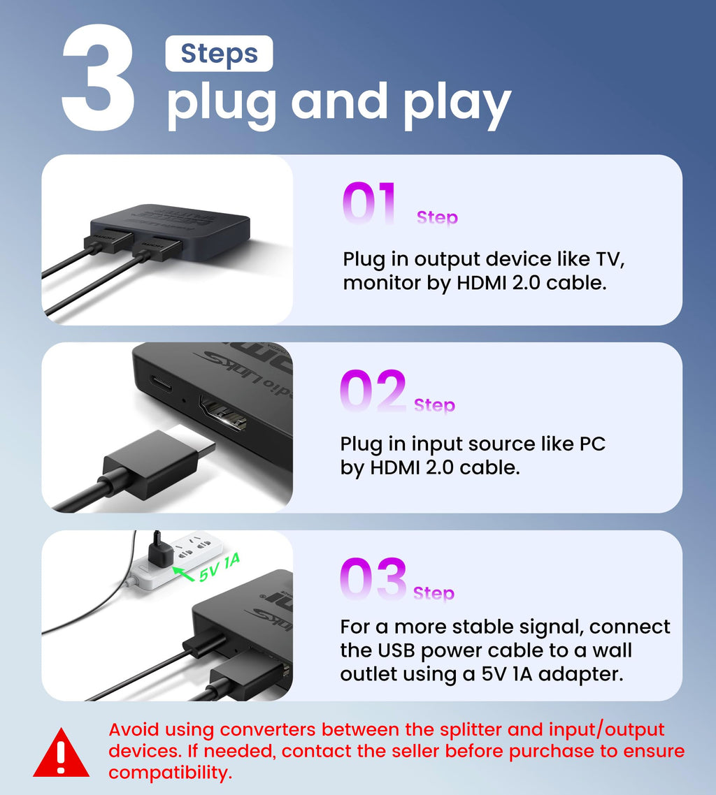 avedio links HDMI Splitter 1 in 2 Out [with 4 Ft Hdmi Cable], Mirror Only