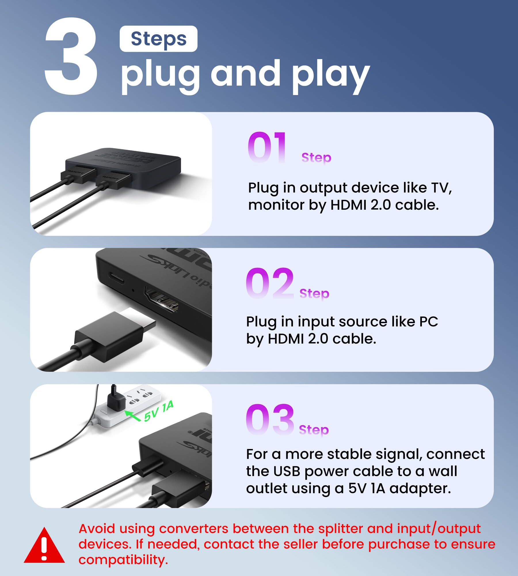 avedio links HDMI Splitter 1 in 2 Out [with 4 Ft Hdmi Cable], Mirror Only