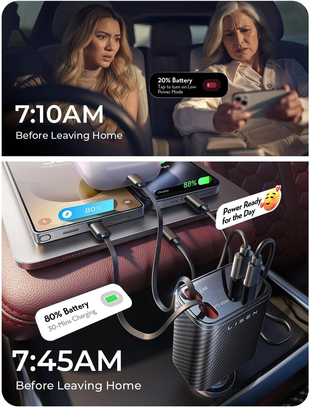 LISEN 72W Retractable Car Charger Ultra-Compact USBC Fast Car Charger