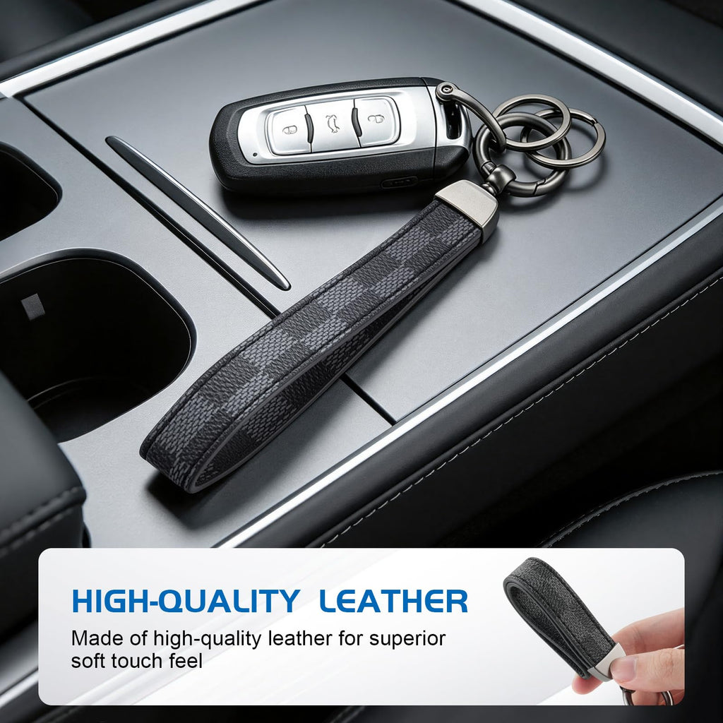JUSTTOP Leather Wristlet Keychain, Carbon Fiber Car Key Chain with Anti-Lost D-Ring and 2 Key Rings, Compatible with Most Car Keys, Car Accessories, A Great Gift for Men and Women (Black)
