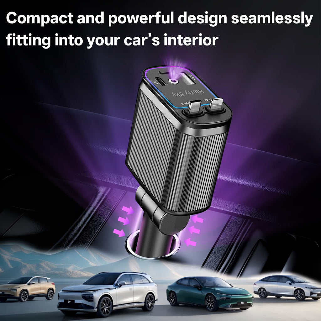 Retractable Car Charger,4 in 1 Fast Charging Car Charger with USB-C & USB-A