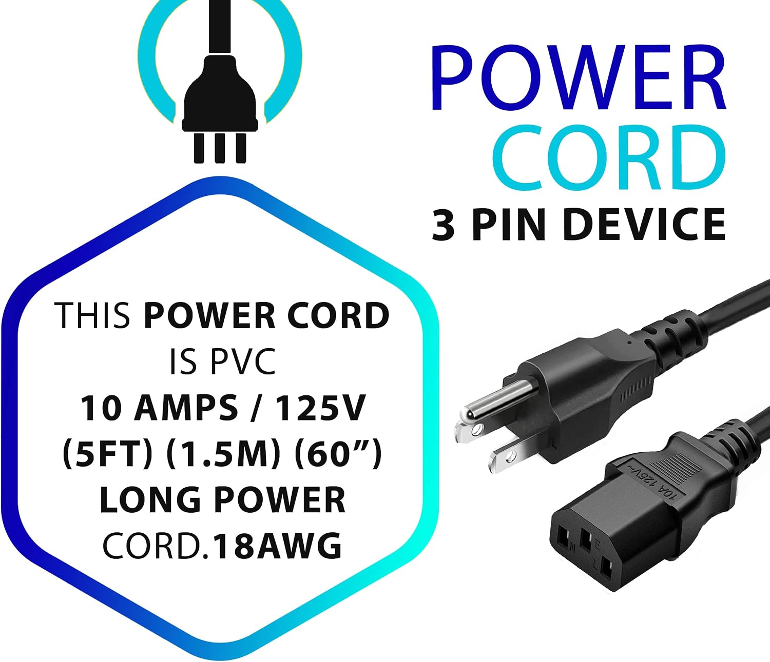 20ft 3 Prong Computer Power Cord |125V| Standard Replacement AC Electric Cable for Monitor, TV, Computer, Desktop, PC, Printer