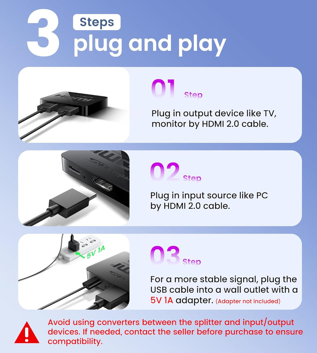 avedio links HDMI Splitter 1 in 2 Out [with 4 Ft Hdmi Cable], Mirror Only