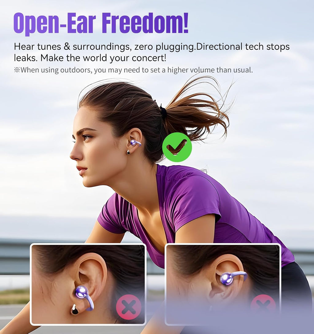 King Lucky Clip-On Earbuds Gen 3, Open-Ear Wireless Bluetooth 6.0 Headphones with Mic, Secure Fit for Small Ears & Glasses Wearers, 50H Playtime, LED Digital Display, ENC, IPX5 Waterproof (Purple)