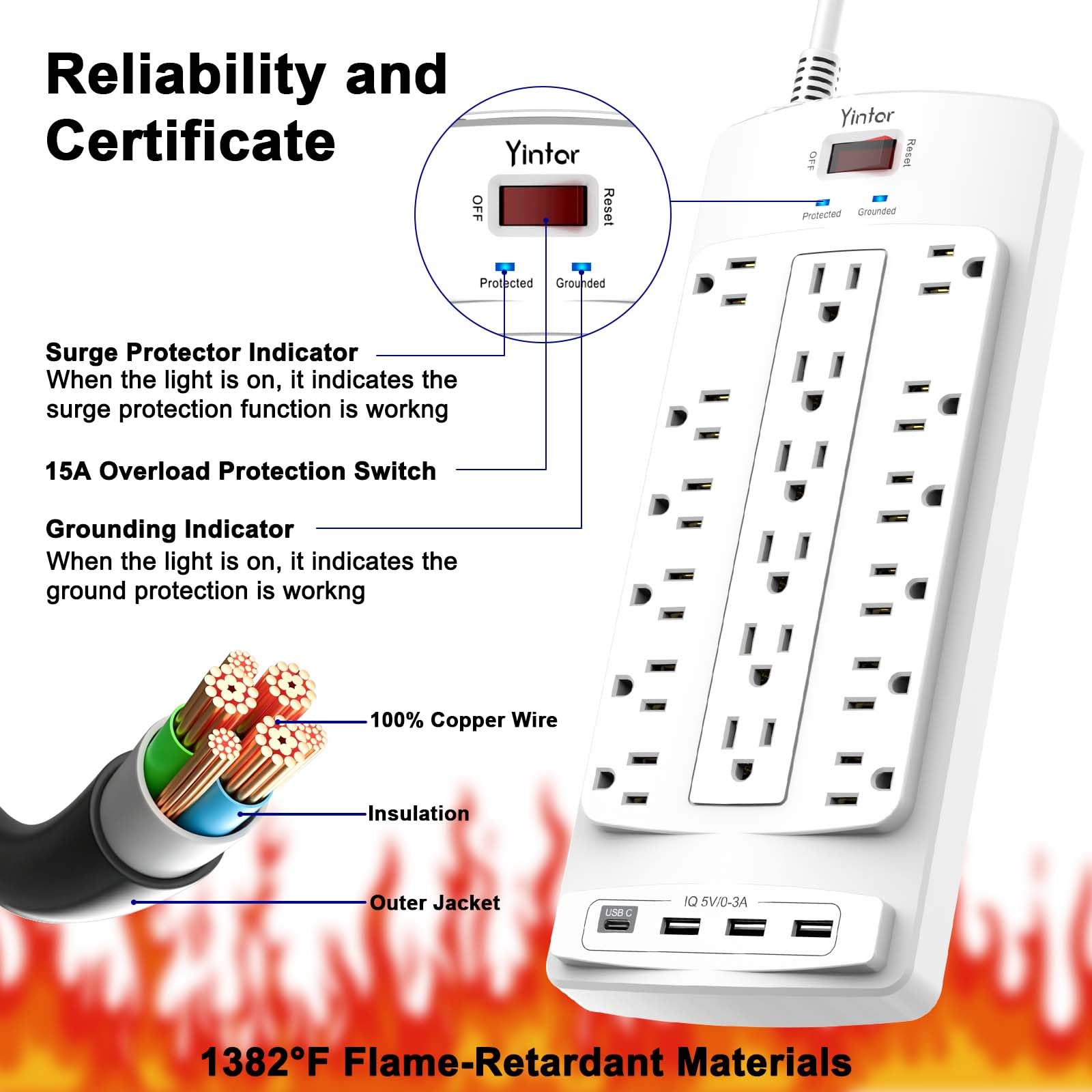 Yintar 6Ft Surge Protector Power Strip with 6 Outlets & 3 USB Ports, Black