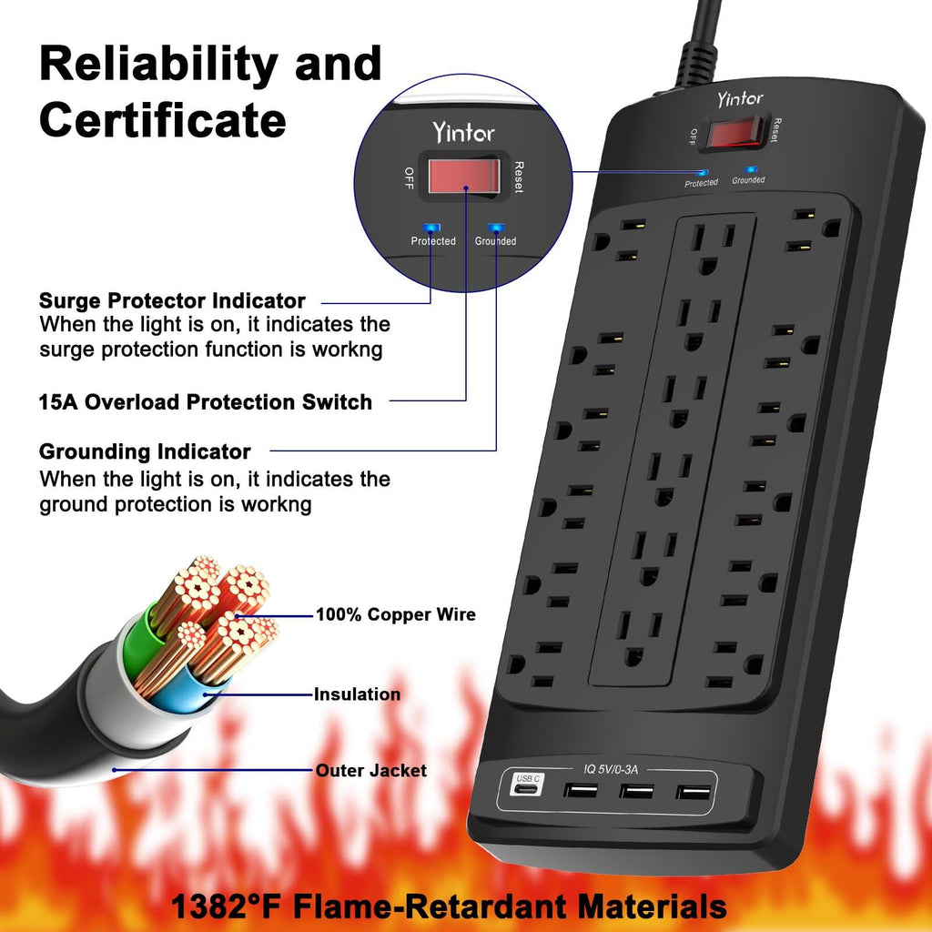 Yintar 6Ft Surge Protector Power Strip with 6 Outlets & 3 USB Ports, Black