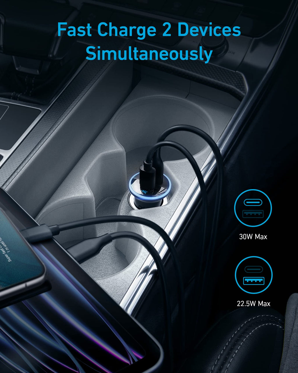 Anker 323 52.5W USB C Car Charger with 30W PowerIQ 3.0 Fast Charging