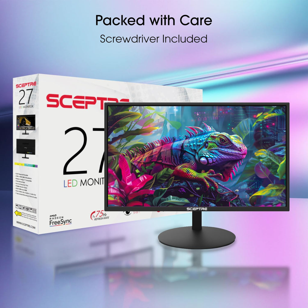 Sceptre 27-inch Prime Gaming Monitor 100Hz 1ms DisplayPort HDMI x2 100% sRGB AMD FreeSync Build-in Speakers, Eye Care Frameless Machine Black 2025 (E275W-FW100T Series)