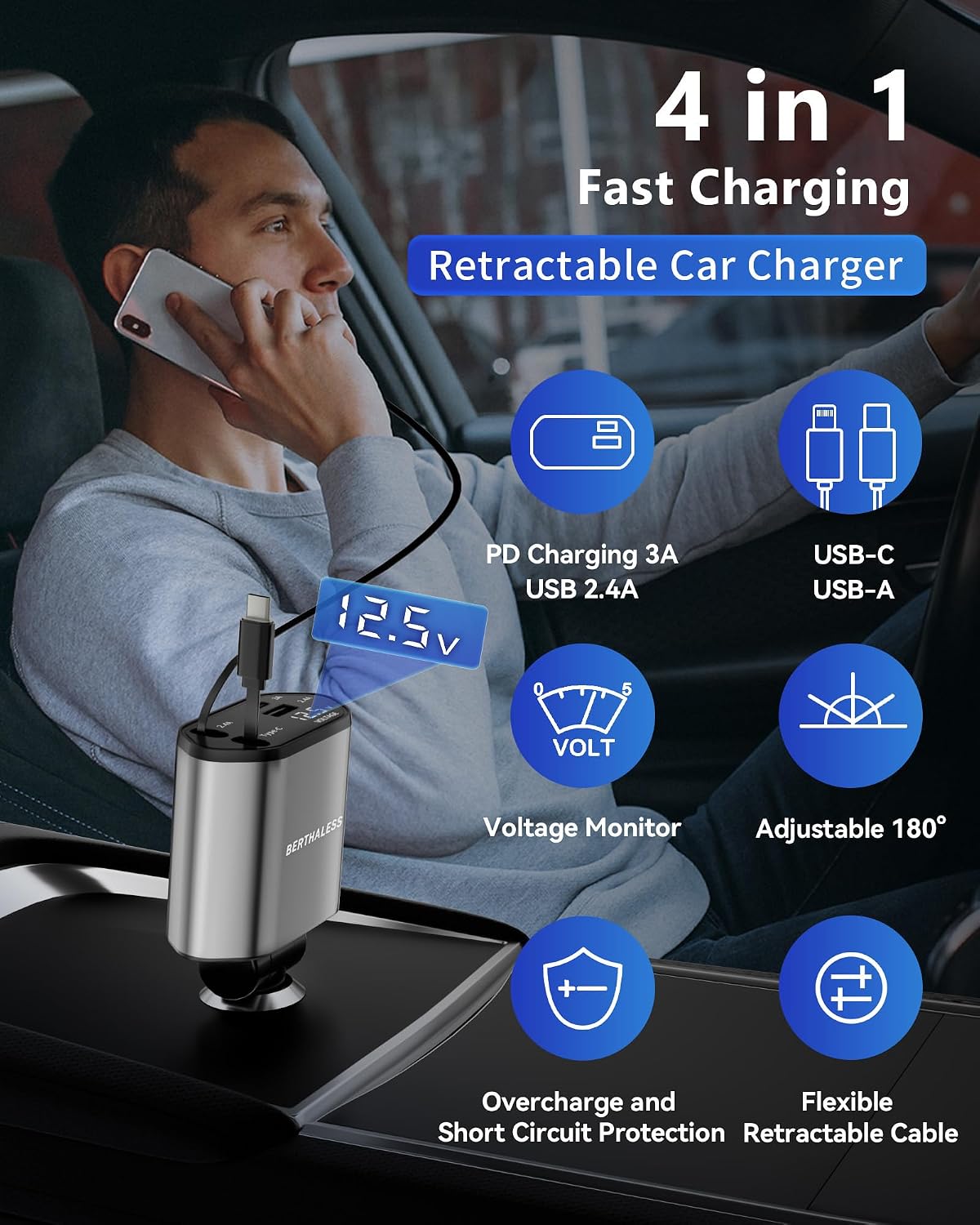 Retractable Car Charger,4 in 1 Fast Charging Car Charger with USB-C & USB-A