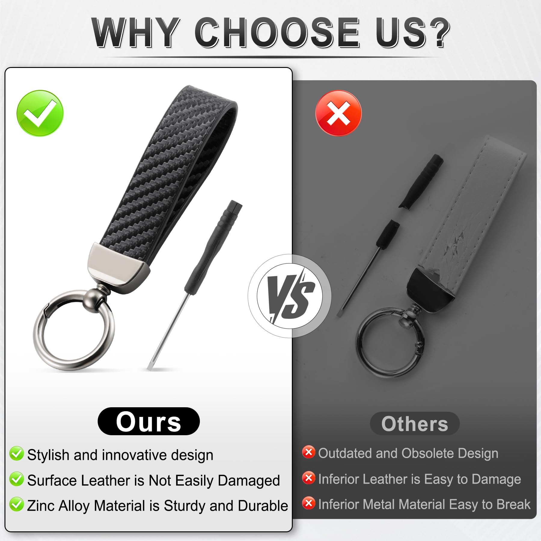 JUSTTOP Leather Wristlet Keychain, Carbon Fiber Car Key Chain with Anti-Lost D-Ring and 2 Key Rings, Compatible with Most Car Keys, Car Accessories, A Great Gift for Men and Women (Black)