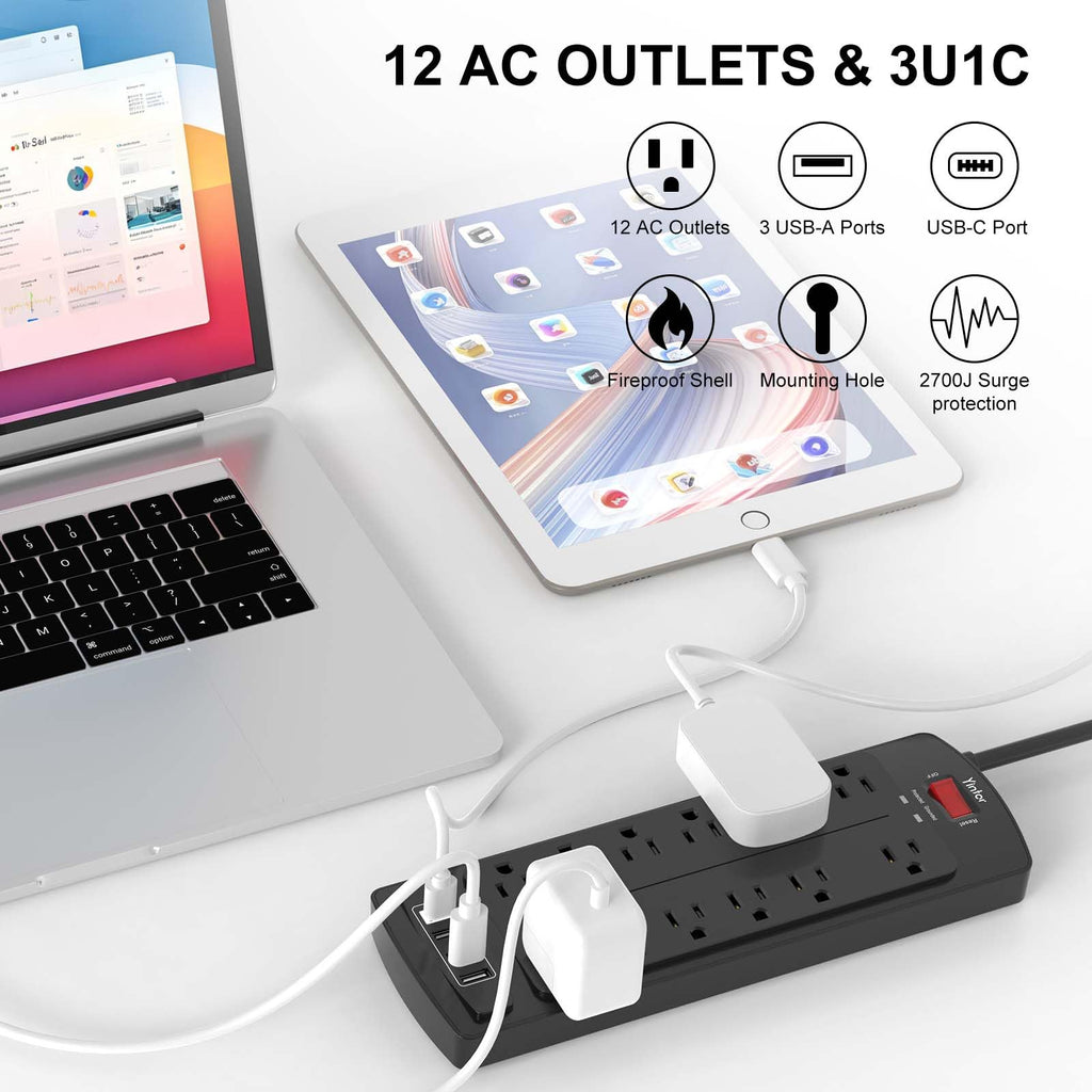 Yintar 6Ft Surge Protector Power Strip with 6 Outlets & 3 USB Ports, Black