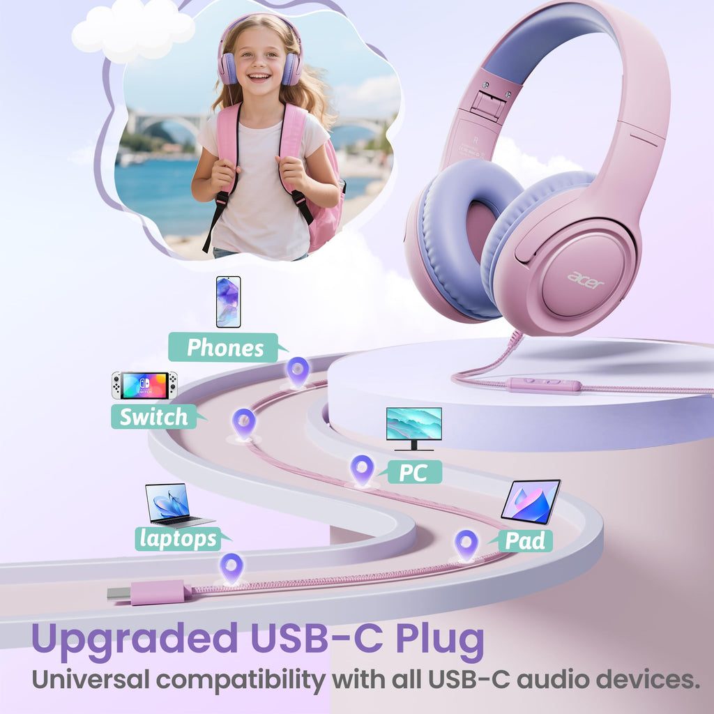 Acer Kids Headphones for School, 85-94dB Limiter, 3.5mm Jack, w/Mic HK03