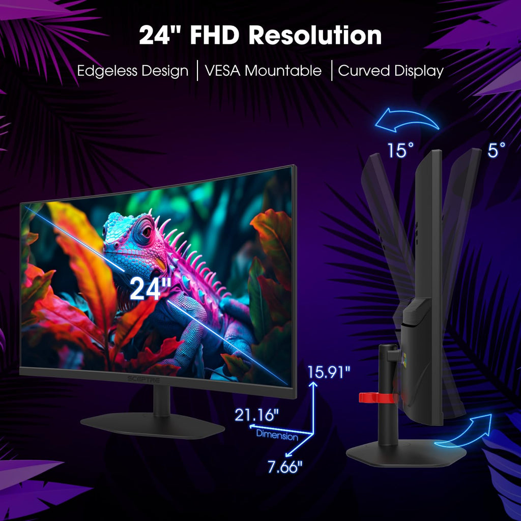 New! Sceptre Curved 24-inch Gaming Monitor 1ms 100Hz 1500R DisplayPort HDMI X2 Eye Care 100% sRGB Build-in Speakers, Machine Black 2026 (C248W-FW100T Series)