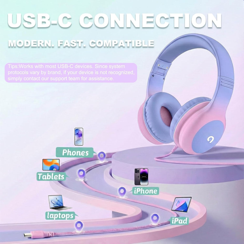 ADOOPE Wired Kids Headphones with USB C Plug, 85dB Safe Volume, Adjustable Headband, Tangle-Free Cord Headphones for School, Tablet, Travel (Light Purple & Pink, Without Microphone)