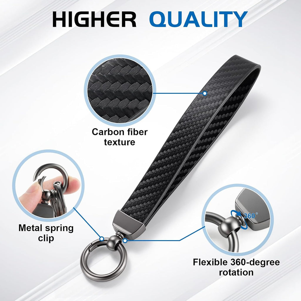 JUSTTOP Leather Wristlet Keychain, Carbon Fiber Car Key Chain with Anti-Lost D-Ring and 2 Key Rings, Compatible with Most Car Keys, Car Accessories, A Great Gift for Men and Women (Black)