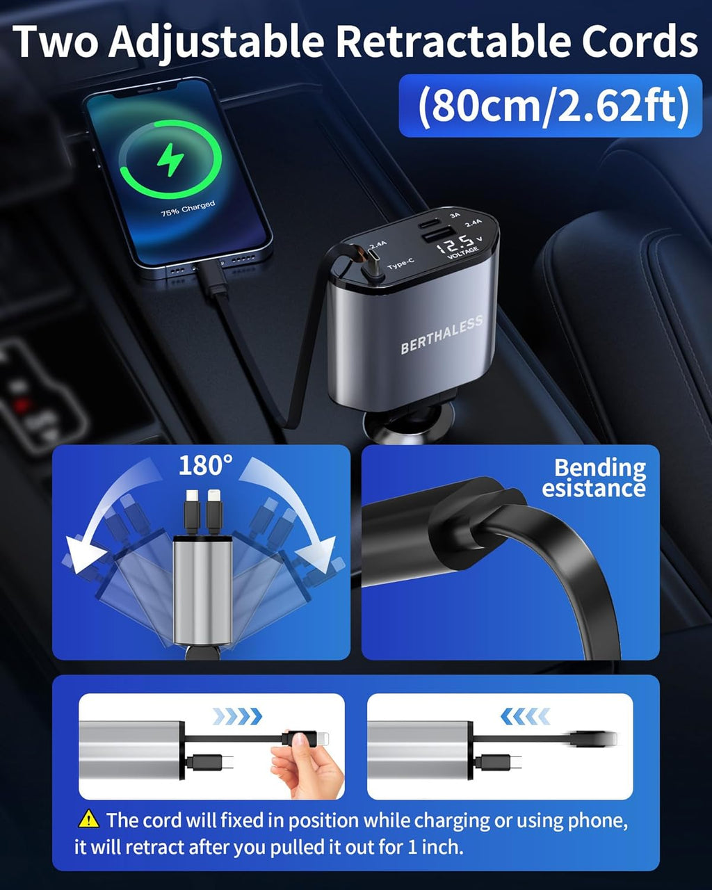 Retractable Car Charger,4 in 1 Fast Charging Car Charger with USB-C & USB-A