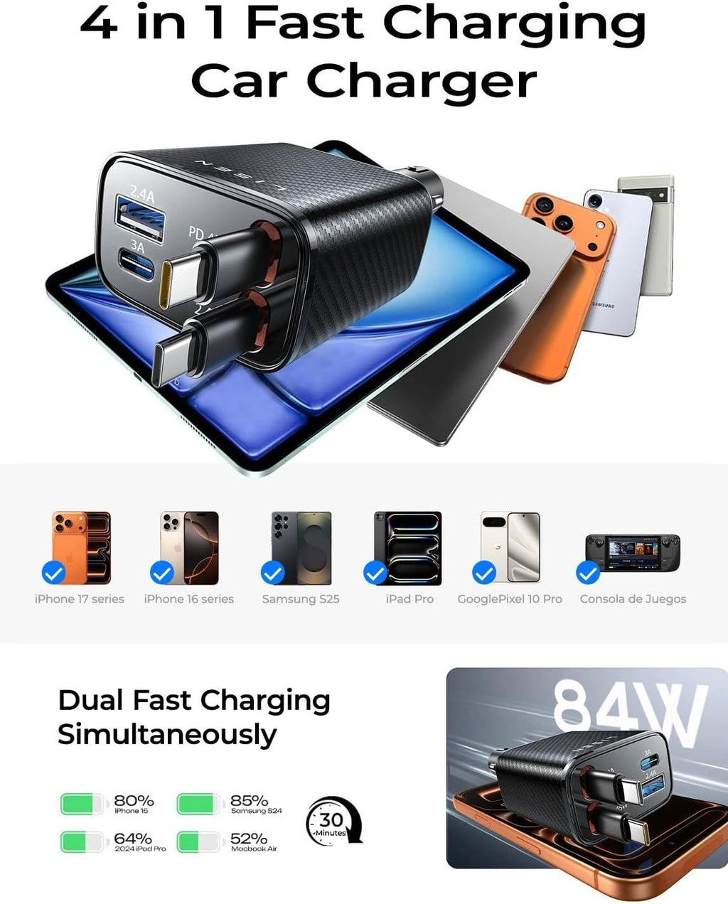 LISEN 72W Retractable Car Charger Ultra-Compact USBC Fast Car Charger