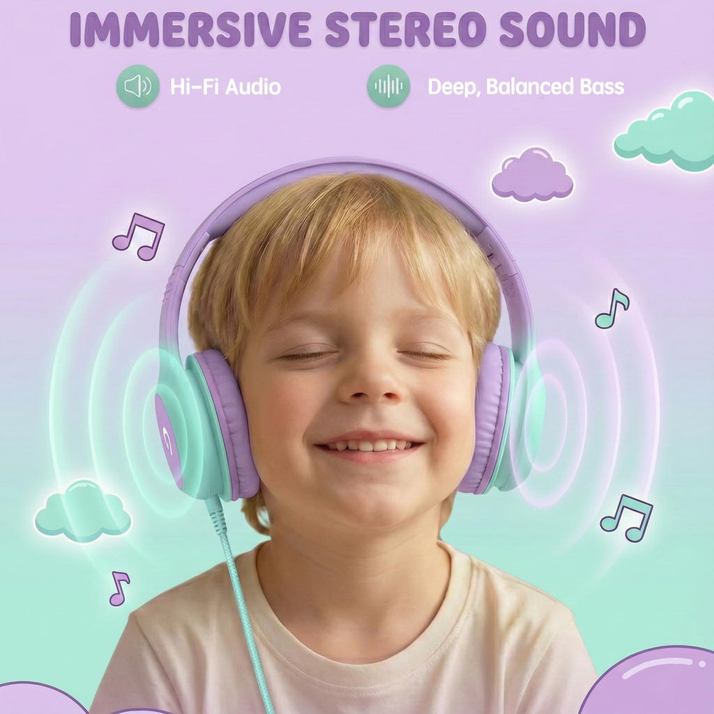 ADOOPE Wired Kids Headphones with USB C Plug, 85dB Safe Volume, Adjustable Headband, Tangle-Free Cord Headphones for School, Tablet, Travel (Light Purple & Pink, Without Microphone)