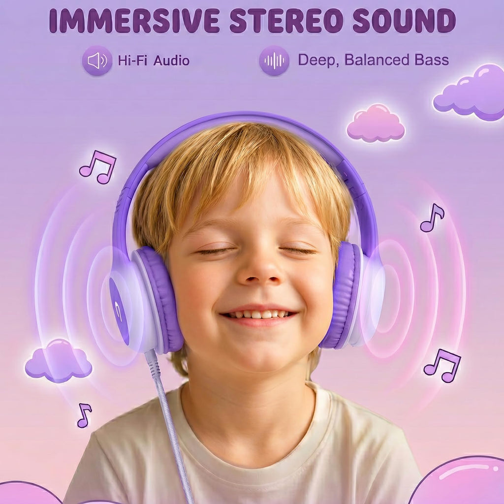 ADOOPE Wired Kids Headphones with USB C Plug, 85dB Safe Volume, Adjustable Headband, Tangle-Free Cord Headphones for School, Tablet, Travel (Light Purple & Pink, Without Microphone)