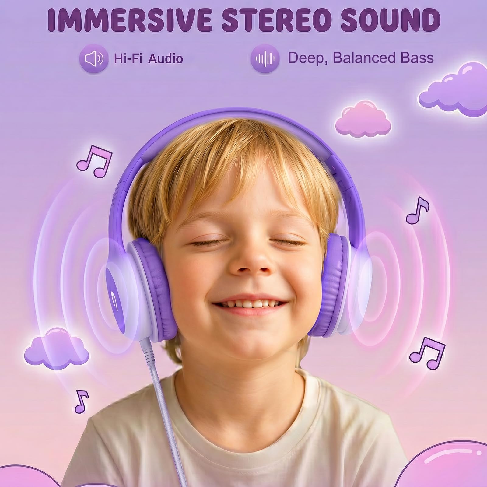 ADOOPE Wired Kids Headphones with USB C Plug, 85dB Safe Volume, Adjustable Headband, Tangle-Free Cord Headphones for School, Tablet, Travel (Light Purple & Pink, Without Microphone)